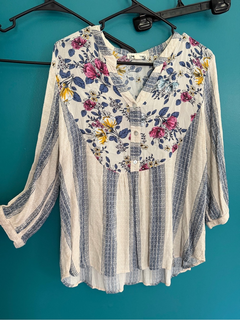 Women’s Floral Yoke Striped Tunic Top - Cream with Blue & Multicolor Floral